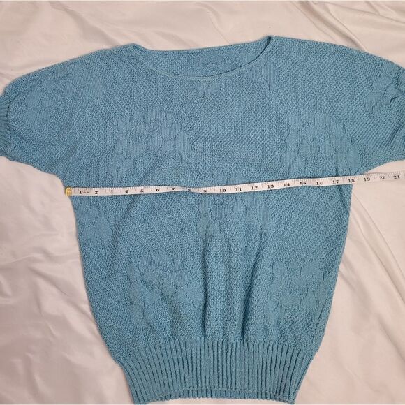 VINTAGE 90s blue‎ sweater floral intarsia short sleeve fitted waist S - Picture 5 of 8